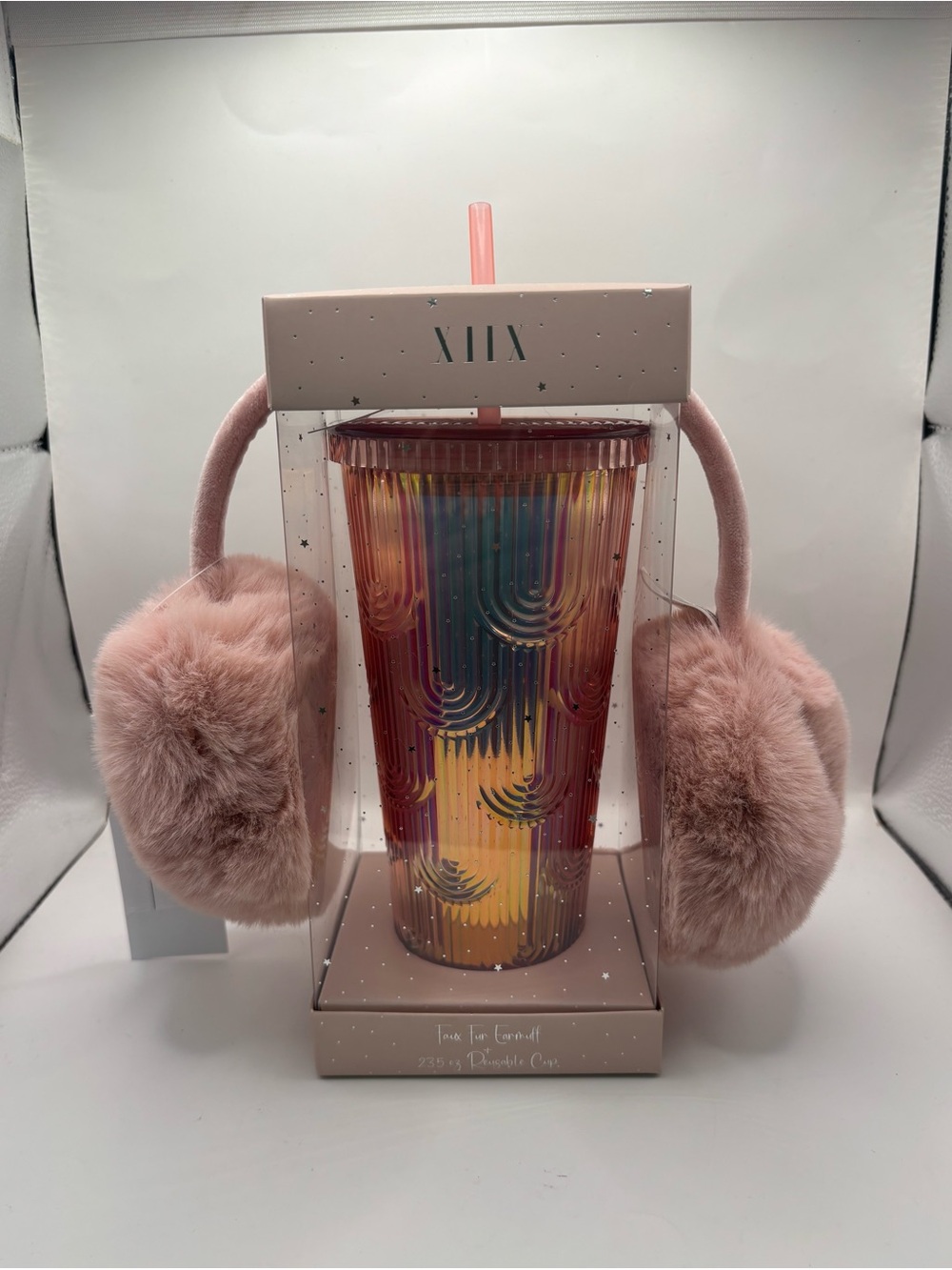 Collection XIIX Pink Iridescent Tumbler & Faux Fur Earmuffs